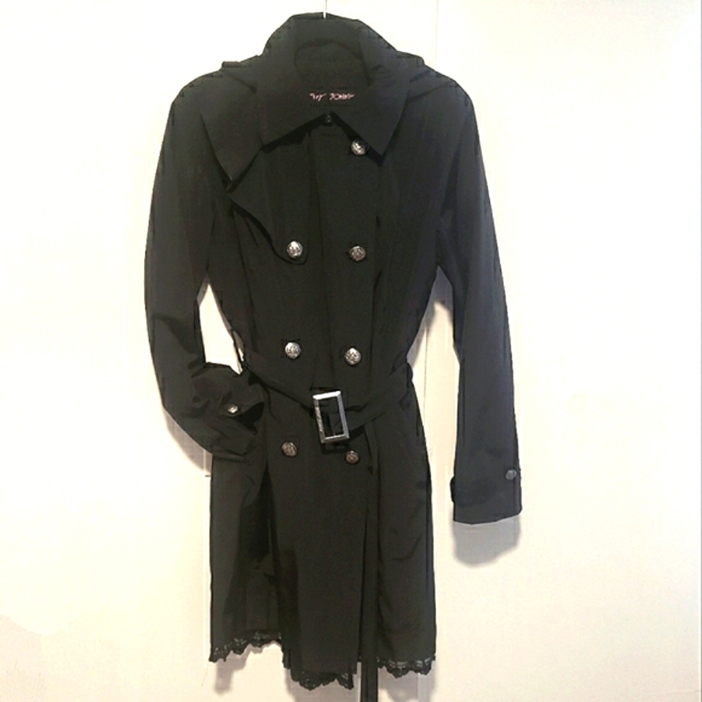 Betsey Johnson Lace Trimmed Rain Trench Coat w/ Removable Hood, Black size Large